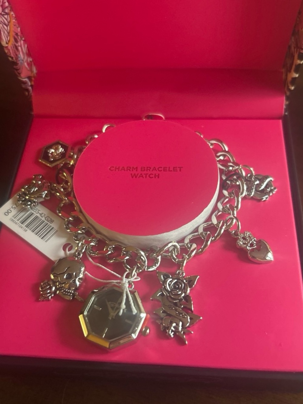 Ed Hardy Silver-Tone Charm Bracelet Watch with Heart and Rose Charms